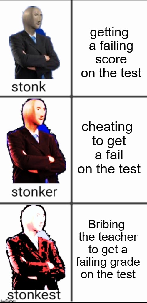 Stonk by level | getting a failing score on the test; cheating to get a fail on the test; Bribing the teacher to get a failing grade on the test | image tagged in stonk by level | made w/ Imgflip meme maker
