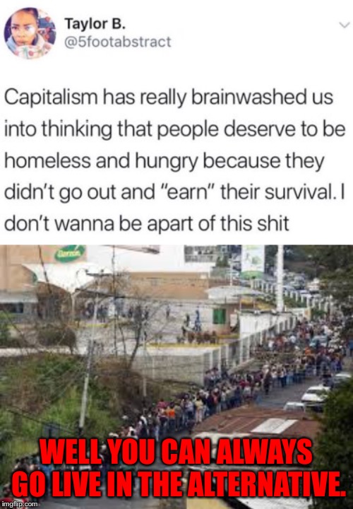 Yet she is pictured drinking a soda she was able to buy thanks to capitalism | WELL YOU CAN ALWAYS GO LIVE IN THE ALTERNATIVE. | image tagged in capitalism,socialism,liberal logic,liberal hypocrisy,libtards | made w/ Imgflip meme maker
