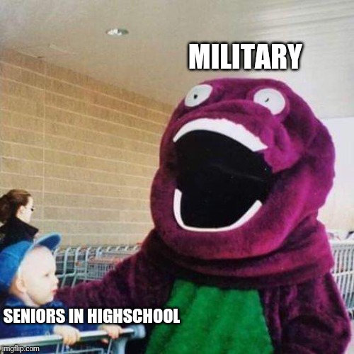 Manic Barnie | MILITARY; SENIORS IN HIGHSCHOOL | image tagged in military,funny,funny memes | made w/ Imgflip meme maker
