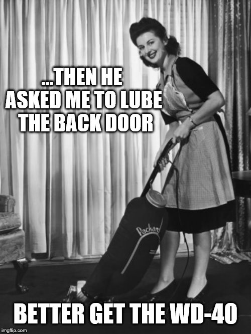 50's Housework | ...THEN HE ASKED ME TO LUBE  THE BACK DOOR BETTER GET THE WD-40 | image tagged in 50's housework | made w/ Imgflip meme maker