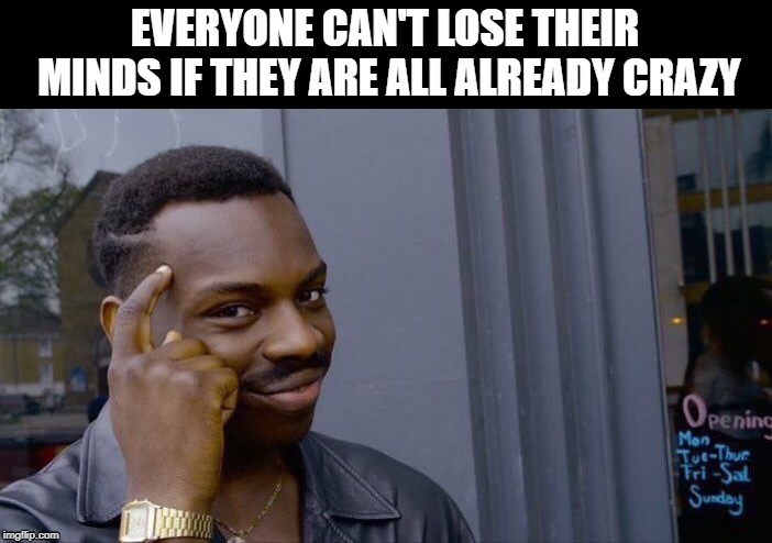 Roll Safe Think About It Meme | EVERYONE CAN'T LOSE THEIR MINDS IF THEY ARE ALL ALREADY CRAZY | image tagged in memes,roll safe think about it | made w/ Imgflip meme maker