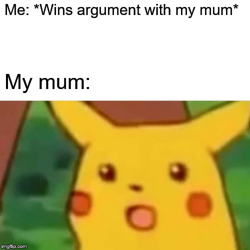 Surprised Pikachu | Me: *Wins argument with my mum*; My mum: | image tagged in memes,surprised pikachu | made w/ Imgflip meme maker