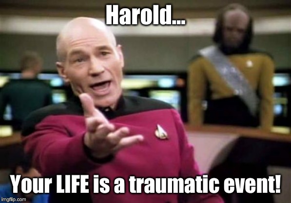 Picard Wtf Meme | Harold... Your LIFE is a traumatic event! | image tagged in memes,picard wtf | made w/ Imgflip meme maker