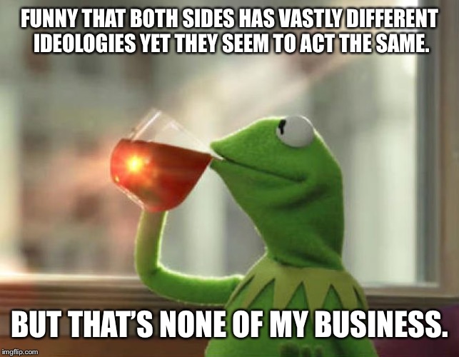 But That's None Of My Business (Neutral) | FUNNY THAT BOTH SIDES HAS VASTLY DIFFERENT IDEOLOGIES YET THEY SEEM TO ACT THE SAME. BUT THAT’S NONE OF MY BUSINESS. | image tagged in memes,but thats none of my business neutral | made w/ Imgflip meme maker