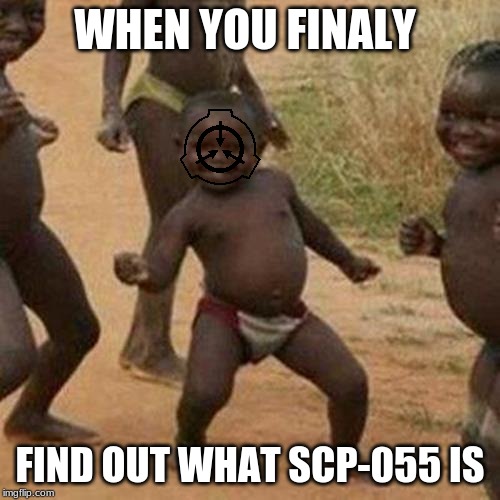 Third World Success Kid Meme | WHEN YOU FINALY; FIND OUT WHAT SCP-055 IS | image tagged in memes,third world success kid | made w/ Imgflip meme maker