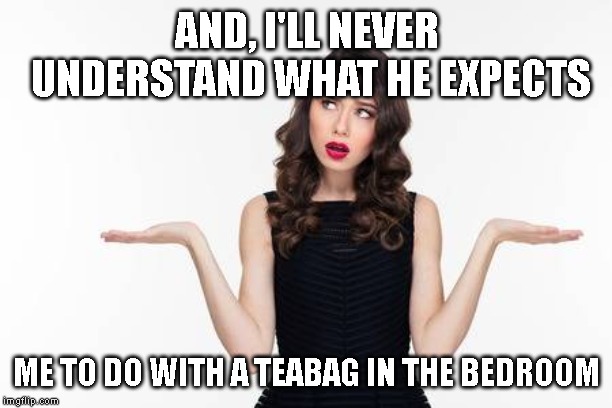 Confused woman | AND, I'LL NEVER UNDERSTAND WHAT HE EXPECTS ME TO DO WITH A TEABAG IN THE BEDROOM | image tagged in confused woman | made w/ Imgflip meme maker