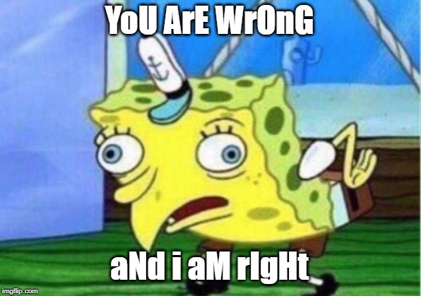 Mocking Spongebob Meme | YoU ArE WrOnG aNd i aM rIgHt | image tagged in memes,mocking spongebob | made w/ Imgflip meme maker