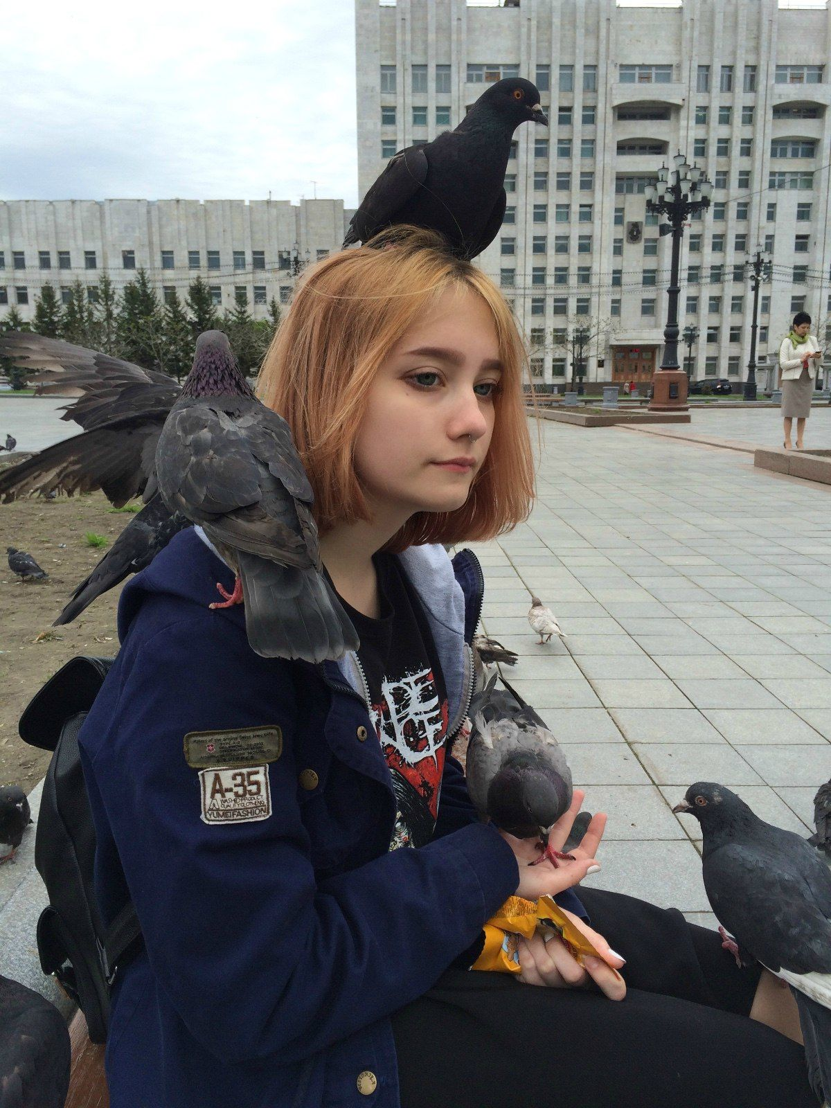 Girl with pigeons on her Blank Meme Template
