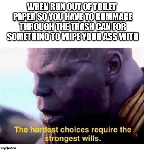 THANOS HARDEST CHOICES | WHEN RUN OUT OF TOILET PAPER SO YOU HAVE TO RUMMAGE THROUGH THE TRASH CAN FOR SOMETHING TO WIPE YOUR ASS WITH | image tagged in thanos hardest choices | made w/ Imgflip meme maker