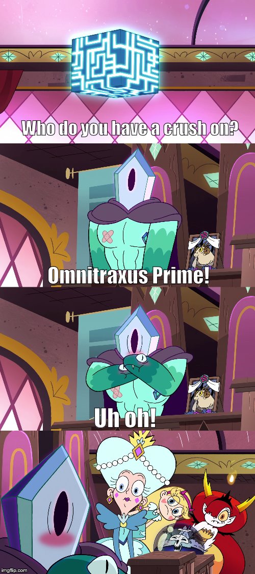 Rhombulus x Omnitraxus Prime? | Who do you have a crush on? Omnitraxus Prime! Uh oh! | image tagged in rhombulus,omnitraxus prime,svtfoe,funny,secret crush,rhombulus x omnitraxus prime | made w/ Imgflip meme maker