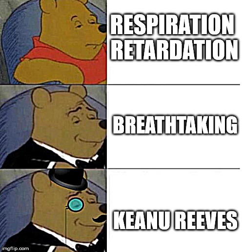 Tuxedo Winnie the Pooh (3 panel) | RESPIRATION RETARDATION; BREATHTAKING; KEANU REEVES | image tagged in tuxedo winnie the pooh 3 panel | made w/ Imgflip meme maker