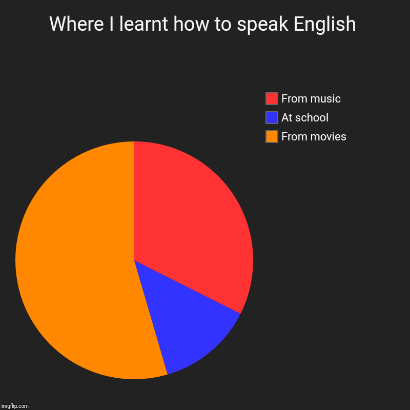 Where I learnt how to speak English | From movies, At school, From music | image tagged in charts,pie charts | made w/ Imgflip chart maker