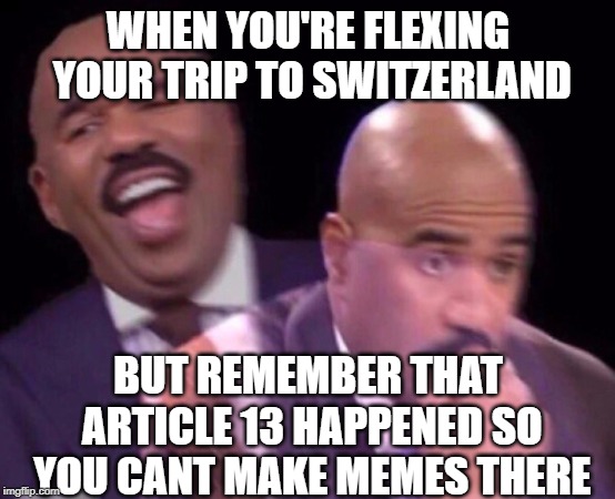 steve harvey and article 13. | WHEN YOU'RE FLEXING YOUR TRIP TO SWITZERLAND; BUT REMEMBER THAT ARTICLE 13 HAPPENED SO YOU CANT MAKE MEMES THERE | image tagged in steve harvey laughing serious | made w/ Imgflip meme maker