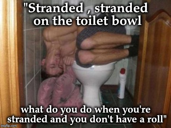 Sleeping on toilet | "Stranded , stranded on the toilet bowl what do you do when you're stranded and you don't have a roll" | image tagged in sleeping on toilet | made w/ Imgflip meme maker