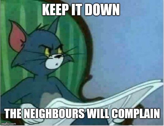 Interrupting Tom's Read | KEEP IT DOWN THE NEIGHBOURS WILL COMPLAIN | image tagged in interrupting tom's read | made w/ Imgflip meme maker
