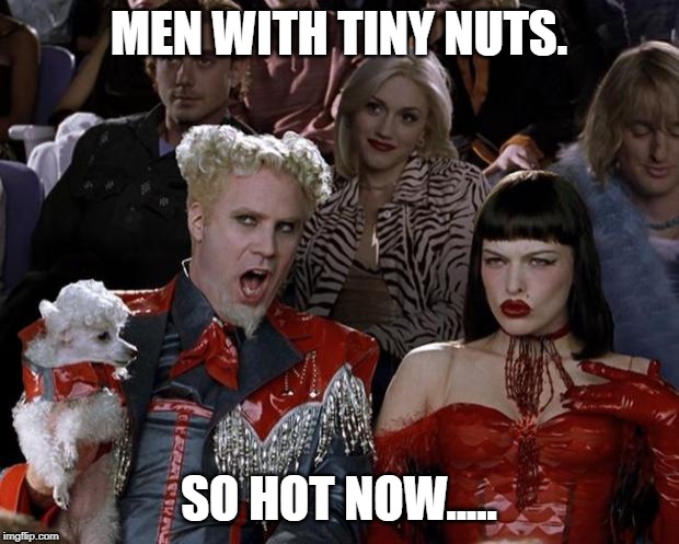 Mugatu So Hot Right Now Meme | MEN WITH TINY NUTS. SO HOT NOW..... | image tagged in memes,mugatu so hot right now | made w/ Imgflip meme maker