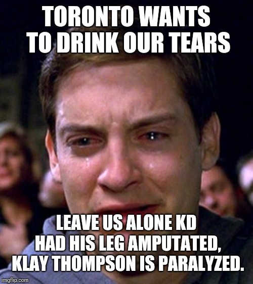 crying peter parker | TORONTO WANTS TO DRINK OUR TEARS LEAVE US ALONE KD HAD HIS LEG AMPUTATED, KLAY THOMPSON IS PARALYZED. | image tagged in crying peter parker | made w/ Imgflip meme maker