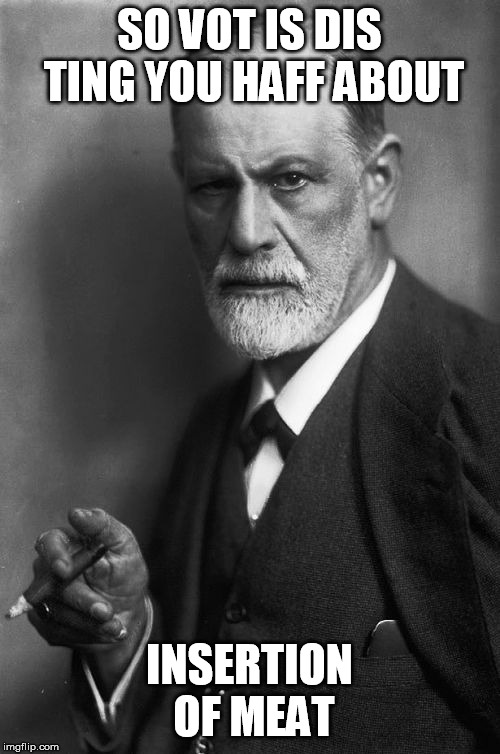 Sigmund Freud Meme | SO VOT IS DIS TING YOU HAFF ABOUT INSERTION OF MEAT | image tagged in memes,sigmund freud | made w/ Imgflip meme maker