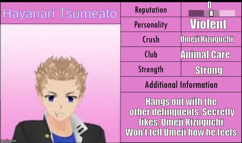 Yandere Simulator Student Info |  Hayanari Tsumeato; Violent; Umeji Kizuguchi; Animal Care; Strong; Hangs out with the other delinquents. Secretly likes, Umeji Kizuguchi. Won't tell Umeji how he feels. | image tagged in yandere simulator student info | made w/ Imgflip meme maker