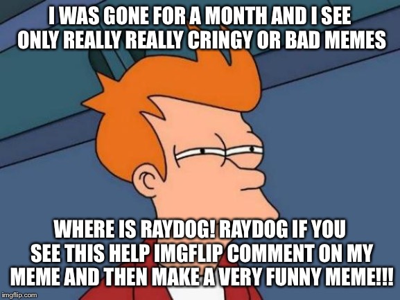 Futurama Fry Meme | I WAS GONE FOR A MONTH AND I SEE ONLY REALLY REALLY CRINGY OR BAD MEMES; WHERE IS RAYDOG! RAYDOG IF YOU SEE THIS HELP IMGFLIP COMMENT ON MY MEME AND THEN MAKE A VERY FUNNY MEME!!! | image tagged in memes,futurama fry | made w/ Imgflip meme maker