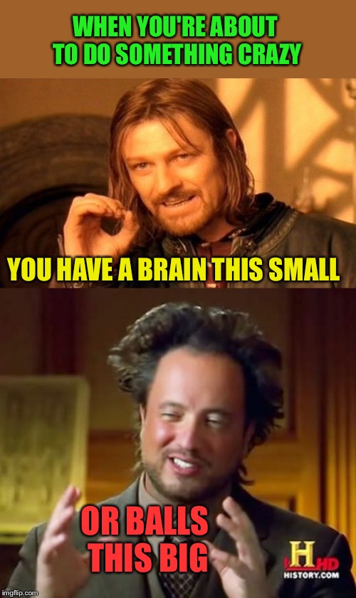 ...and don't try and stop me! | WHEN YOU'RE ABOUT TO DO SOMETHING CRAZY; YOU HAVE A BRAIN THIS SMALL; OR BALLS THIS BIG | image tagged in memes,one does not simply,ancient aliens,crazy,funny | made w/ Imgflip meme maker