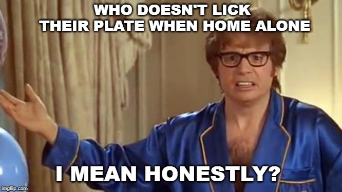 Austin Powers Honestly Meme | WHO DOESN'T LICK THEIR PLATE WHEN HOME ALONE; I MEAN HONESTLY? | image tagged in memes,austin powers honestly | made w/ Imgflip meme maker