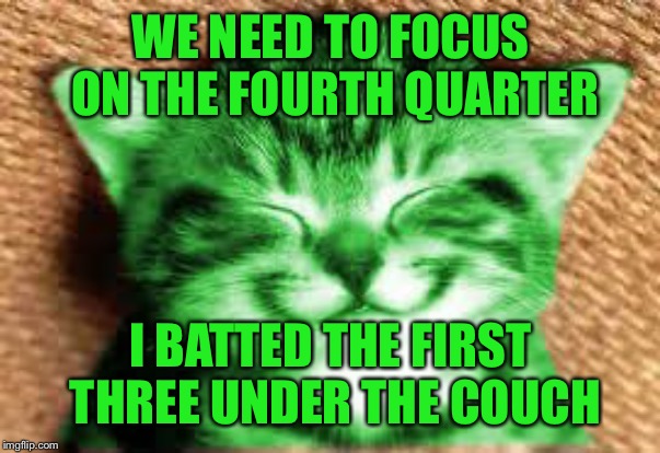 happy RayCat | WE NEED TO FOCUS ON THE FOURTH QUARTER I BATTED THE FIRST THREE UNDER THE COUCH | image tagged in happy raycat | made w/ Imgflip meme maker