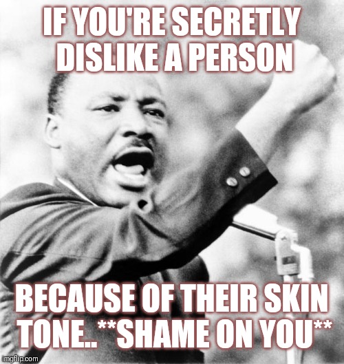 Jroc113 | IF YOU'RE SECRETLY DISLIKE A PERSON; BECAUSE OF THEIR SKIN TONE..**SHAME ON YOU** | image tagged in martin luther king jr | made w/ Imgflip meme maker