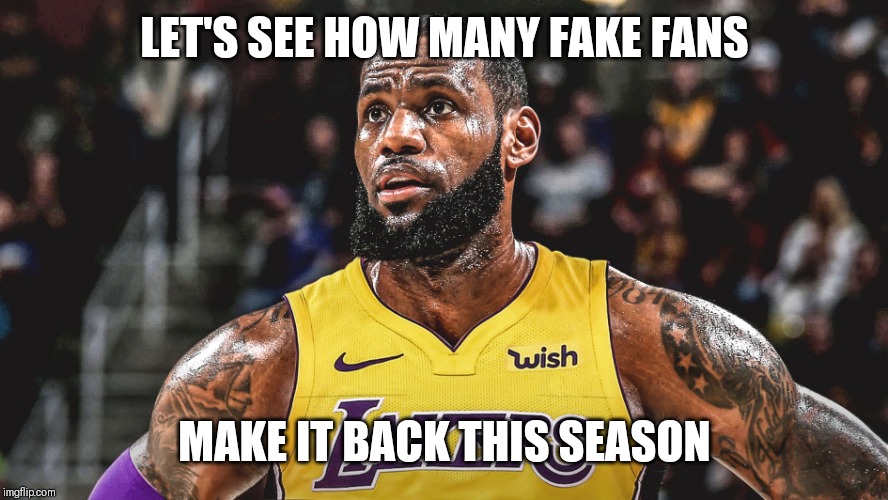 Jroc113 | LET'S SEE HOW MANY FAKE FANS; MAKE IT BACK THIS SEASON | image tagged in lebron laker | made w/ Imgflip meme maker