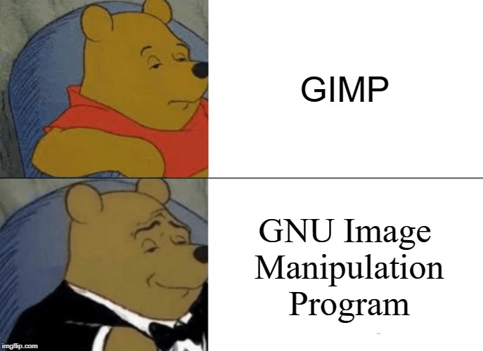 Tuxedo Winnie The Pooh | GIMP; GNU Image Manipulation Program | image tagged in memes,tuxedo winnie the pooh | made w/ Imgflip meme maker