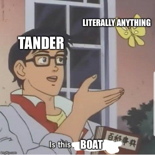 Butterfly man | LITERALLY ANYTHING; TANDER; BOAT | image tagged in butterfly man | made w/ Imgflip meme maker