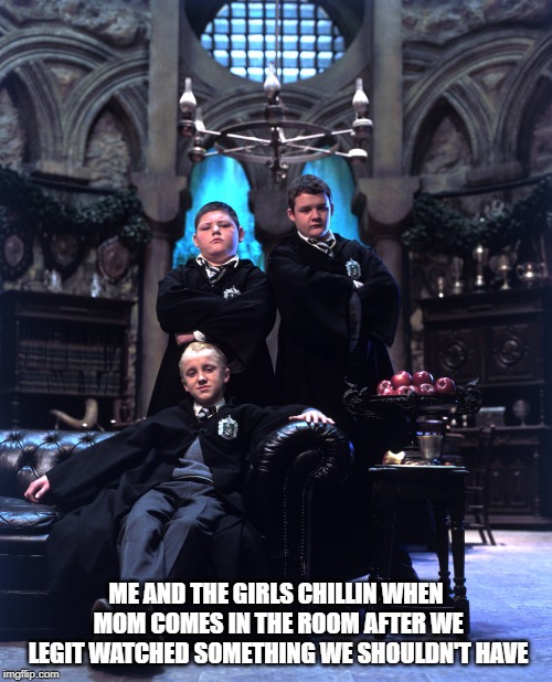 Any sleepover I've ever had | ME AND THE GIRLS CHILLIN WHEN MOM COMES IN THE ROOM AFTER WE LEGIT WATCHED SOMETHING WE SHOULDN'T HAVE | image tagged in memes,shit,draco malfoy | made w/ Imgflip meme maker