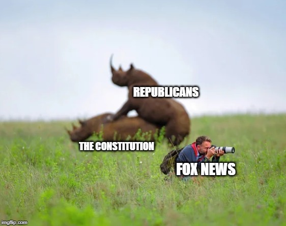 Faux News | REPUBLICANS; THE CONSTITUTION; FOX NEWS | image tagged in rhinoceros and photographer,republicans,fox news | made w/ Imgflip meme maker