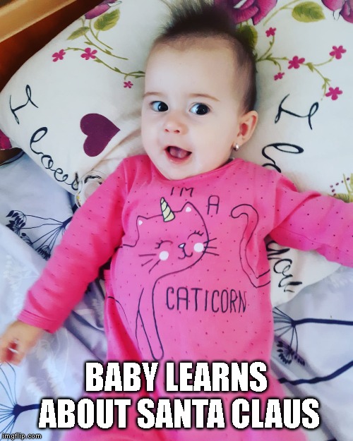 Tell Me More! | BABY LEARNS ABOUT SANTA CLAUS | image tagged in baby,santa claus | made w/ Imgflip meme maker