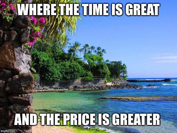 hawaii | WHERE THE TIME IS GREAT; AND THE PRICE IS GREATER | image tagged in hawaii | made w/ Imgflip meme maker