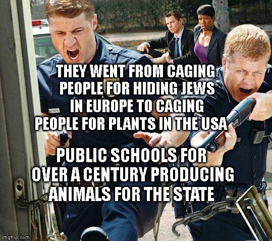 southland cops | THEY WENT FROM CAGING PEOPLE FOR HIDING JEWS IN EUROPE TO CAGING PEOPLE FOR PLANTS IN THE USA; PUBLIC SCHOOLS FOR OVER A CENTURY PRODUCING ANIMALS FOR THE STATE | image tagged in southland cops | made w/ Imgflip meme maker