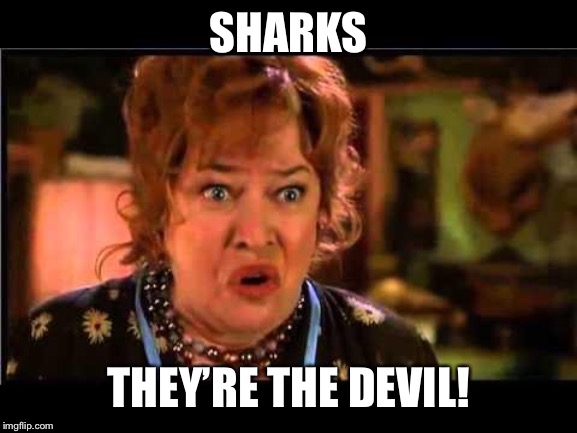 Water boy mama | SHARKS; THEY’RE THE DEVIL! | image tagged in water boy mama | made w/ Imgflip meme maker