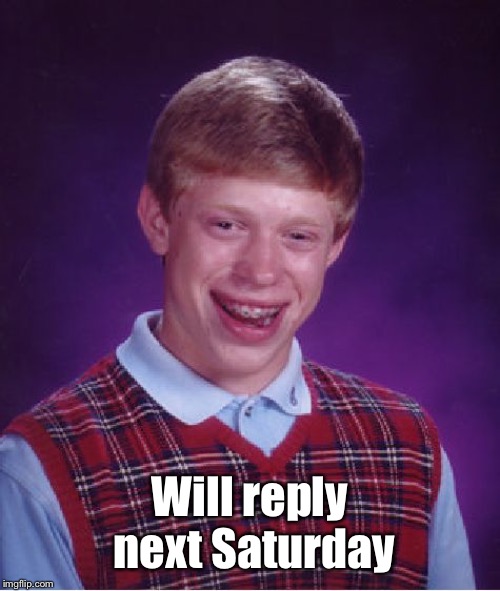 Bad Luck Brian Meme | Will reply next Saturday | image tagged in memes,bad luck brian | made w/ Imgflip meme maker