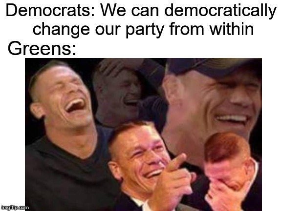 Oligarchy is not democratic | Democrats: We can democratically change our party from within; Greens: | image tagged in oligarchy,democrats,green party,john cena laughing | made w/ Imgflip meme maker