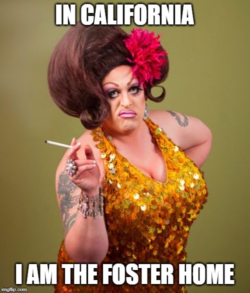 drag queeny | IN CALIFORNIA I AM THE FOSTER HOME | image tagged in drag queeny | made w/ Imgflip meme maker