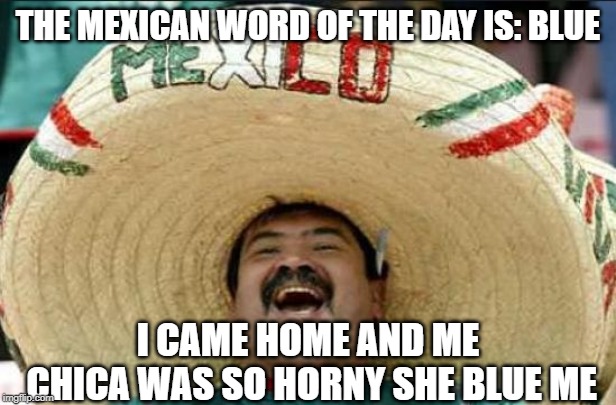 Blue | THE MEXICAN WORD OF THE DAY IS: BLUE; I CAME HOME AND ME CHICA WAS SO HORNY SHE BLUE ME | image tagged in mexican word of the day | made w/ Imgflip meme maker
