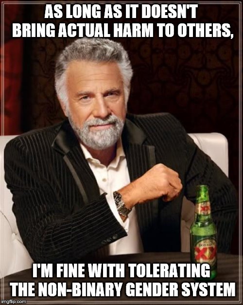 The Most Interesting Man In The World Meme | AS LONG AS IT DOESN'T BRING ACTUAL HARM TO OTHERS, I'M FINE WITH TOLERATING THE NON-BINARY GENDER SYSTEM | image tagged in memes,the most interesting man in the world | made w/ Imgflip meme maker