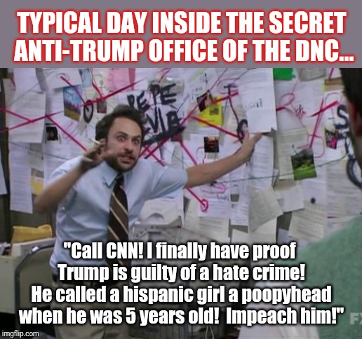 The normal DNC employee | TYPICAL DAY INSIDE THE SECRET ANTI-TRUMP OFFICE OF THE DNC... "Call CNN! I finally have proof Trump is guilty of a hate crime! He called a hispanic girl a poopyhead when he was 5 years old!  Impeach him!" | image tagged in charlie day | made w/ Imgflip meme maker