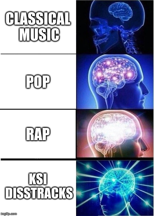 Expanding Brain Meme | CLASSICAL MUSIC; POP; RAP; KSI DISSTRACKS | image tagged in memes,expanding brain | made w/ Imgflip meme maker