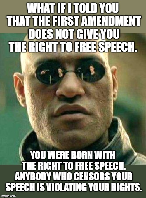 Governments cannot grant or create inalienable rights | WHAT IF I TOLD YOU THAT THE FIRST AMENDMENT DOES NOT GIVE YOU THE RIGHT TO FREE SPEECH. YOU WERE BORN WITH THE RIGHT TO FREE SPEECH. ANYBODY WHO CENSORS YOUR SPEECH IS VIOLATING YOUR RIGHTS. | image tagged in what if i told you | made w/ Imgflip meme maker