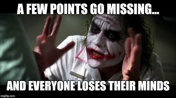 Joker Mind Loss | A FEW POINTS GO MISSING... AND EVERYONE LOSES THEIR MINDS | image tagged in joker mind loss | made w/ Imgflip meme maker