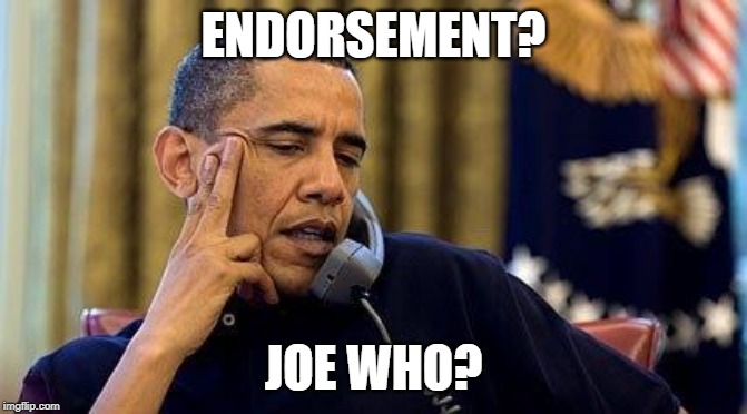 Obama On Phone | ENDORSEMENT? JOE WHO? | image tagged in obama on phone | made w/ Imgflip meme maker