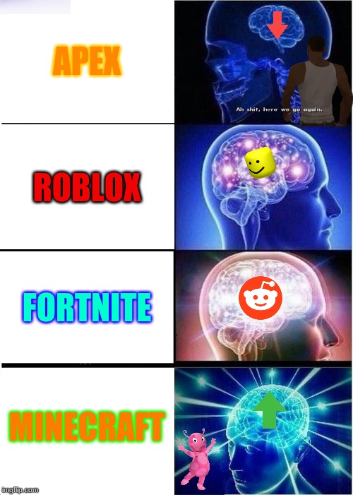 my brain | APEX; ROBLOX; FORTNITE; MINECRAFT | image tagged in memes,expanding brain | made w/ Imgflip meme maker