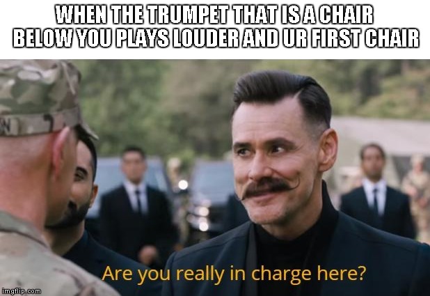 Are you really in charge here? | WHEN THE TRUMPET THAT IS A CHAIR BELOW YOU PLAYS LOUDER AND UR FIRST CHAIR | image tagged in are you really in charge here | made w/ Imgflip meme maker