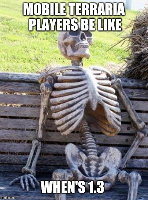 Waiting Skeleton Meme | MOBILE TERRARIA PLAYERS BE LIKE; WHEN'S 1.3 | image tagged in memes,waiting skeleton | made w/ Imgflip meme maker